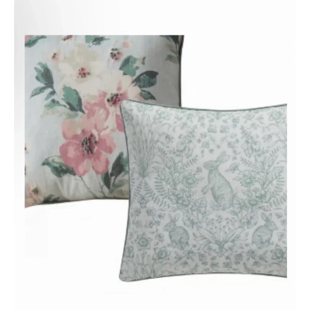 My Texas House‎ Set 2 Reversible Bunny Floral Throw Pillows 17x17 Spring Cottage